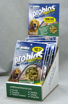 Probios dog treat samples labels and packages and counter display