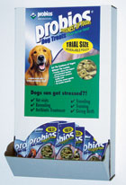 Probios dog treat samples labels and packages and wall display